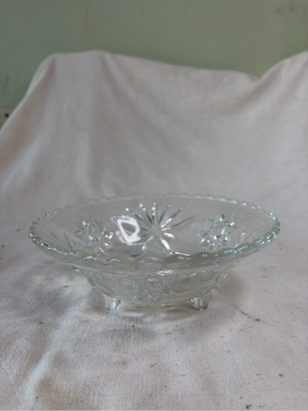 Clear Pressed Glass Serving Bowl with Starburst Pattern